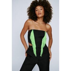 Nasty Gal Premium Fringed Bustier Top black with Green fringe size 8